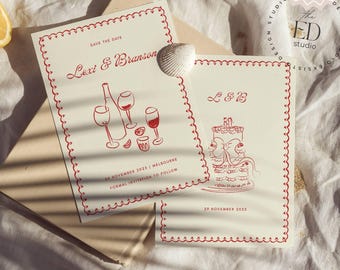 Save the Date invitation template with hand drawn wine & cake illustration, colorful summer wedding printable, funky doodle handwritten, 096