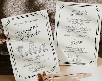 Whimsical Hand Drawn Wedding Invitation Template with cake doodle (Digital), 022