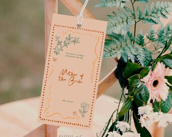 Reserved Chair Tag Template for wedding with Hand Drawn Floral Illustration, Quirky Wavy Border, Scribble Doodle Handwritten Printable, 045