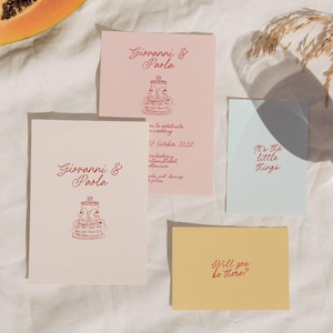 Colorful Wedding invitation suite template with hand drawn cake and bow, Quirky Fun, Whimsical Invite, Scribble Handwritten Printable, 090