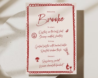 Hand-Drawn Dinner Party Menu Template, Red Border (Printable), 003