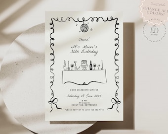 Birthday Invite Template with Hand Drawn Cake Table Illustration, Quirky Border, Whimsical Funky Scribble Doodle Handwritten, 000