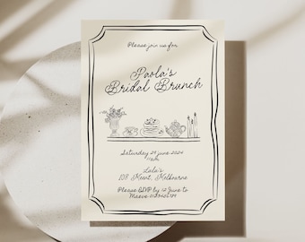 Bridal Brunch Invite Template with Hand Drawn High Tea Illustration, Quirky Border, Whimsical Funky Scribble Doodle Handwritten, 022
