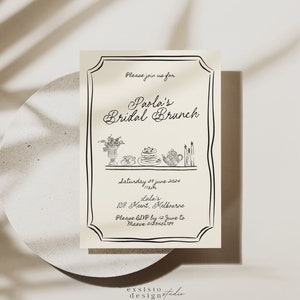 Brautbrunch Einladen Vorlage mit handgezeichneter High Tea Illustration, schrulligen Rand, wunderliches Funky Gekritzel Handgeschrieben, 022