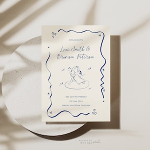 Save the Date Invitation for Wedding, Wavy Border with Dancing Couple, Whimsical Template, Quirky Scribble Handwritten Printable, 010