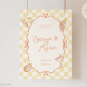 Hochzeit Willkommensschild Vorlage mit Italienischem Karo Thema, Handgezeichneter Küche Illustration, lustiges Gekritzel Gekritzel 095