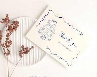Whimsical Just Married Thank you Card Template with Hand Drawn Couple in Car, Wavy border, Quirky Handwritten Printable, Digital, 010