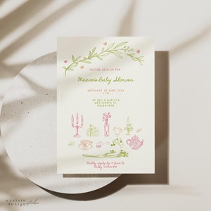 Baby Shower Invite Template with Hand Drawn High Tea Illustration, Colorful, Quirky Party invite, Whimsical Scribble Doodle Handwritten, 047