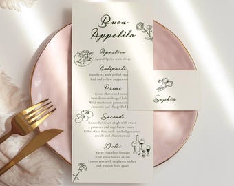 French Style Dinner Menu & Place Card Template: Hand-Drawn Illustration, Digital Download, 072