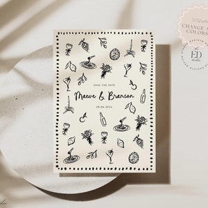 Save the Date Hochzeitseinladung mit handgezeichneten Illustrationen für Abendessen und Getränke, Scribble Doodle Handgeschrieben bedruckbar, 086