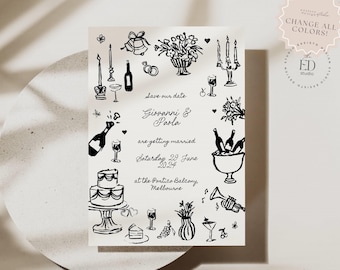 Hand-Drawn Wedding Save the Date Template, Dinner Party (Digital Download), 050