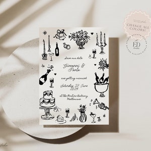 Save the Date Einladungskarte zur Hochzeit mit Handgezeichneten Kuchen Illustrationen, Quirky Dinner, Scribble Doodle Handgeschrieben, 050