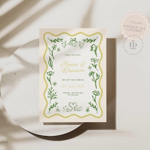Save the Date Invitation Template for Wedding with hand drawn floral doodle illustrations, Wavy border, Scribble Handwritten Printable, 051