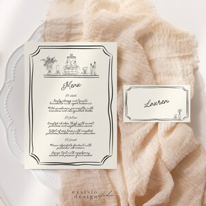 Menü und Tischkarte für Dinner Party und Hochzeit, Menükarte mit handgezeichneten Kuchen-Illustrationen, Quirky Border, Scribble Doodle Handgeschrieben, 022