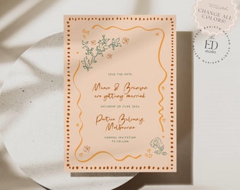 Save the Date Invitation Template with hand drawn floral illustration, Wavy border, Whimsical Scribble Doodle Handwritten, Colorful, 045