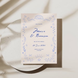 Save the Date Invitation Template with hand drawn whimsical illustration, Blue invite with quirky border, Scribble Doodle Handwritten, 013