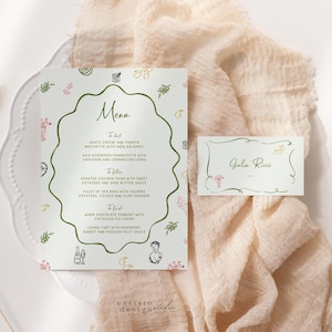 Menu and place card Template with hand drawn Italian food illustrations, Wavy Border, Quirky Scribble Doodle Handwritten, Whimsical menu 032