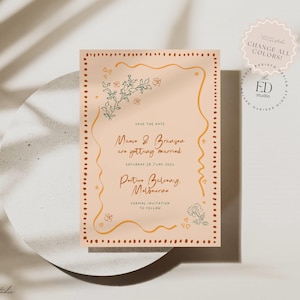 Save the Date Invitation Template with hand drawn floral illustration, Wavy border, Whimsical Scribble Doodle Handwritten, Colorful, 045