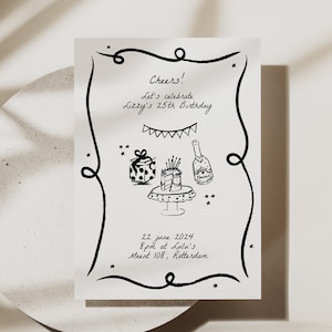 Modèle d'invitation d'anniversaire, invitation de fête d'anniversaire lunatique dessinée à la main modifiable, original, 18e 21e 25e 30e 40e 50e, 001