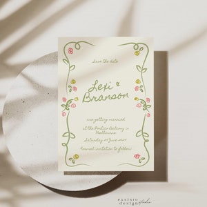 Save the Date Einladungsvorlage mit handgezeichneter bunter Blumen Illustration, Floraler Rand, Scribble Handgeschriebenes Doodle, 015