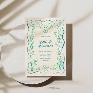 Save the Date Invitation Template for Wedding with hand drawn floral illustrations, Wavy Border, Whimsical Scribble Doodle Handwritten, 031