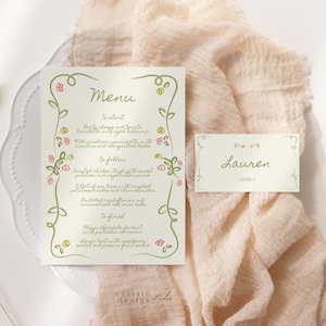 Menú y tarjeta de lugar para cenas y bodas, plantilla de menú con borde floral, ilustración caprichosa escrita a mano, dibujada a mano, 015