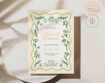 Floral Doodle Save the Date Invitation, Wavy Border (Printable), 051