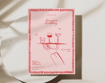 Birthday Invitation Template with Hand Drawn Drinks on Platter, Colorful Quirky Border, Whimsical Funky Scribble Doodle Handwritten, 0010