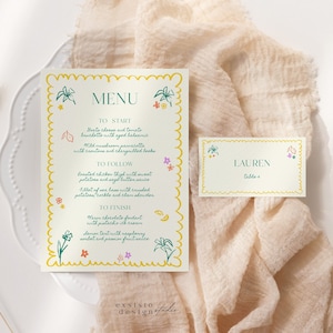 Menú y tarjeta de lugar para cena, boda con ilustraciones de verano tropical dibujadas a mano, borde peculiar, garabato escrito a mano, 017
