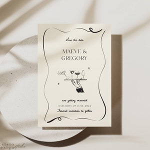 Szablon zaproszenia Save the Date z ręcznie rysowanym koktajlem i ilustracją kelnera, dziwaczną, fantazyjną ramką, odręcznym rysunkiem Scribble Doodle 008