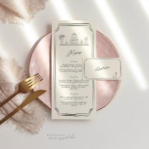 Menú de cena y tarjeta de lugar, cena de gala y boda, menú con ilustración de pastel dibujada a mano, borde peculiar, garabato escrito a mano 022