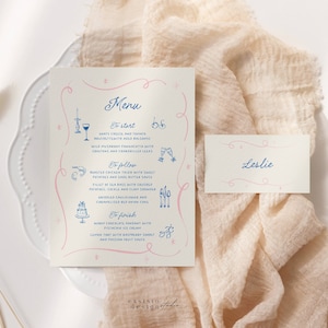 Menü und Tischkarte für Dinner Party und Hochzeit, bearbeitbare Vorlage mit gewelltem Rand, handgeschriebene, handgezeichnete wunderliche Illustration, 025