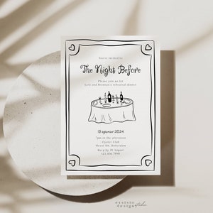 Convite peculiar para jantar de ensaio, convite de ilustração desenhado à mão, jantar de ensaio de casamento manuscrito para impressão, design editável, 006