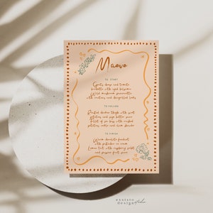 Menú personalizado dibujado a mano para cenas y bodas con plantilla de borde ondulado, escrito a mano e imprimible, ilustración floral, 045