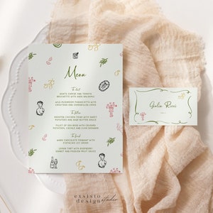Tarjeta de menú y lugar de mesa con ilustraciones mediterráneas italianas dibujadas a mano, cena, boda, garabato escrito a mano, 032