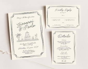May include: A black and white wedding invitation suite with a hand-drawn illustration of a wedding cake, flowers, and candles. The invitation reads "Giovanni & Paola" and includes the date and location of the wedding. The RSVP card includes options for "Regretfully decline" and "Attending with love". The details card includes information about the ceremony, reception, and dress code.