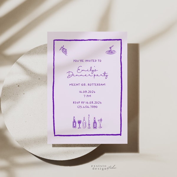 Hand Drawn Invitation for Dinner Party, Quirky Dinner Party Illustration Invite Template, Whimsical Handwritten font, Printable, 002