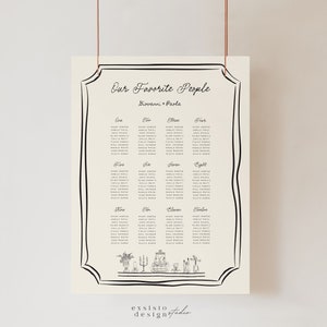 Sitzplan Vorlage mit Hand gezeichneter Kuchen und Esstisch Illustration, skurriles, verspieltes, gekritzeltes Gekritzel, handgeschriebenes Schild, 022