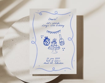 Hand Drawn Birthday Invitation Template, Editable Whimsical Funky Birthday Party invite, Quirky, 18th 21st 25th 30th 40th 50th, 002