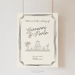 Modello di cartello di benvenuto per matrimonio disegnato a mano con illustrazioni di torta disegnata a mano, bordo eccentrico, scarabocchio scritto a mano stampabile, 022