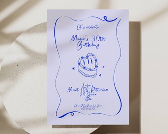 Birthday Invite Template with Hand Drawn Cake Illustration, Colorful Quirky Wavy Border, Whimsical Funky Scribble Doodle Handwritten, 047