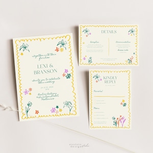 Bunte, handgezeichnete Hochzeitseinladungs-Vorlage mit Antwortkarte, schrulliges, wunderliches Blumenmuster zum Ausdrucken, Sommer/Frühlings-Thema 017
