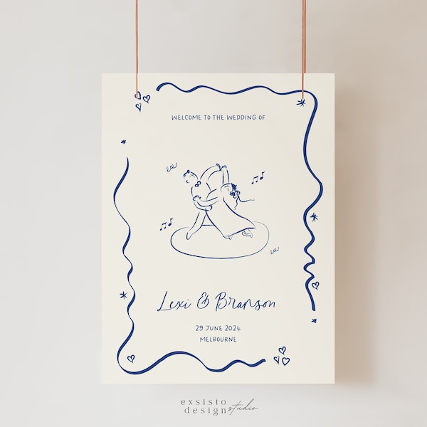 Hand Drawn Dancing Couple Wedding Welcome Sign Template, Whimsical Welcome Signage, Quirky Handwritten Printable, Hand Drawn Sign, 010