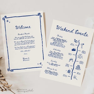 Plantilla de carta de bienvenida y cronograma para bodas con ilustraciones dibujadas a mano, borde peculiar, garabato escrito a mano, 053