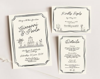 Whimsical Hand Drawn Wedding Invitation Set Template with cake and wine (Digital Download), 022