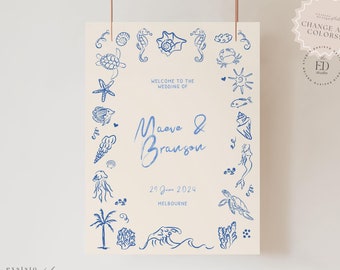 Welcome Sign Template with Hand Drawn sea life illustrations, Quirky Whimsical Scribble Doodle Ocean, Handwritten Printable Signage, 042