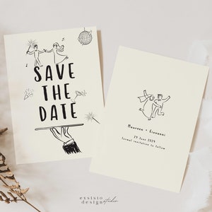 Save the Date Einladungsvorlage mit handgezeichneten niedlichen Gekritzel Braut und Bräutigam Party, wunderliche Hochzeitseinladung zum Ausdrucken, 091