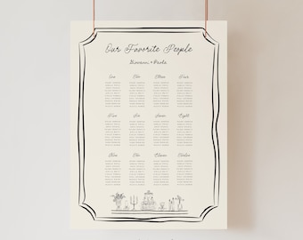 Hand Drawn Wedding Seating Chart Template, Whimsical Dinner Table Doodle (Digital Download), 022
