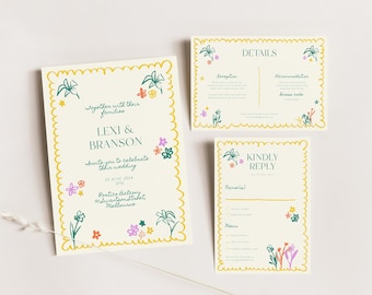 Colorful Hand Drawn Wedding invitation suite template with RSVP and details card, Quirky Whimsical Floral printable, Summer/Spring Theme 017