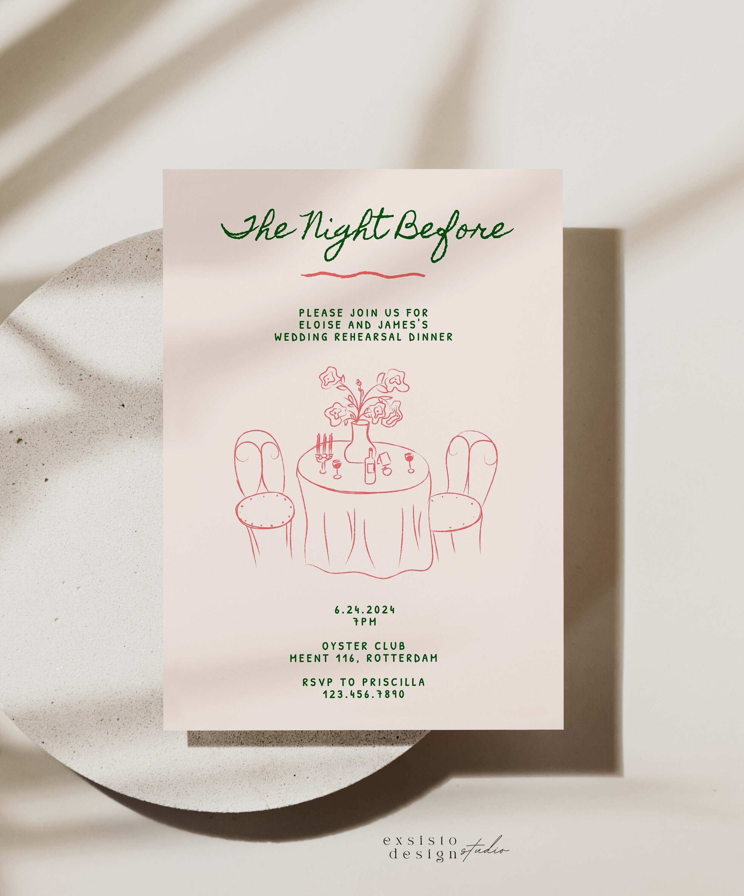 Colorful Quirky Rehearsal Dinner Invite template with Hand Drawn Dinner Table Illustration, Handwritten Scribble Doodle Printable, 001